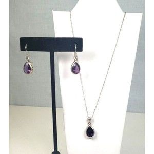 Vintage Sterling Silver 925 Amythist Teardrop Pendant Matching Earrings with 18"